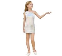 Générique Robe à Paillettes Carrées Sequins pour Filles, Robe Chic sans Manches à Épaules Dénudées Asymétrique Pailleté Fluo, Costume de Danse Disco Carnaval Halloween Performance Fête 3-16 Ans