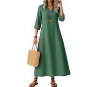 Générique Robe Ado,Robe De Plage Élégante Cintrée Col en V Manches Longues en Coton Uni Couleur Unie, Mode Boho Chic pour Été avec Coupe Ample Jupe Midi(02-Vert Foncé,XL)