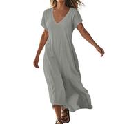 Générique Robe Ample décontractée en Lin à col V et Manches Courtes pour Femme Coupe Confortable idéale pour la journée Tenue Estivale légère et élégante (Grey, M)
