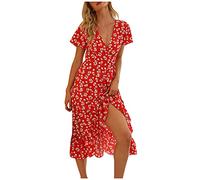 Générique Robe Ample Femme - Robe Courte V-Neck Casual Bohemian Print Pochette pour Femmes imprimé Floral A-Line Robe pour Femmes Jupe en Cuir Rouge