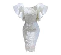 Générique Robe Aristocrate Dames été Dentelle décoration Une épaule à Volants Manches Qui se chevauchent Taille Haute Taille Pack Hanche Robe Moulante Robe Encolure Carrée