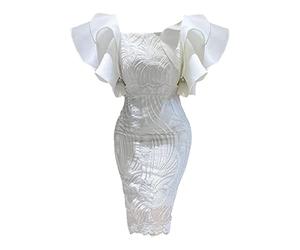 Générique Robe Aristocrate Dames été Dentelle décoration Une épaule à Volants Manches Qui se chevauchent Taille Haute Taille Pack Hanche Robe Moulante Robe Encolure Carrée