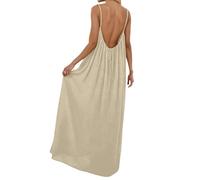 Générique Robe Backless Femme Longue Ete sans Manches-en Lin Débardeur Fluide Et Dos Décolleté Robe De Maison Élégante Et Simple Dress D'Intérieur Confortable
