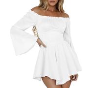 Générique Robe Blanche Pirate, Costume Pirate Femme Mini Robe 2 en 1 à épaules dénudées - Manches Longues/Manches Courtes - Volants - Ligne A - Deguisement Halloween