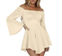 Générique Robe Blanche Pirate, Costume Pirate Femme Mini Robe 2 en 1 à épaules dénudées - Manches Longues/Manches Courtes - Volants - Ligne A - Deguisement Halloween