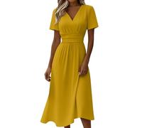 Générique Robe Blanche Robe Femme Chic Et Élégante Col en V Taille Haute - Empire Plissée - Manches Courtes Midi Longueur D'Été Couleur Uni Ample - pour Mariage