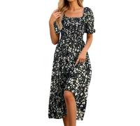 Générique Robe Boheme Femme été à Fleurs Col Carré Manches Bouffantes Courtes Décontractées Robe De Soirée Longue pour Femmes Taille Empire Smockée Coupe évasée pour Jardin Vacances Mariage