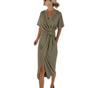 Générique Robe Boho Femme Col V Manches Courtes Portefeuille Midi Robe de Soleil Styles Élégants Italienne Robe d'Été Décontractée Plage Hawaïenne avec Fente et Poches