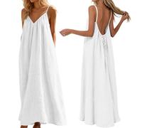 Générique Robe Caraco Dos Nu Courte,Robe Longue Fluide Femme éTé sans Manche Grande Taille Robe en Lin éLéGante Chic BohèMe Legere Robe De Plage Ample Bretelles Spaghetti pour Vacances Salon Loisirs