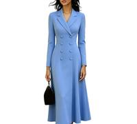 Générique Robe Ceremonie Femme Robe Midi Blazer Manches Longues Double Boutonnage Taille Haute Coupe Ample Robes Chic Elegant Travail Rendez Vous Cocktail Fluide Unie, Bleu Ciel, XL