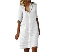 Générique Robe Chemise Ample à Boutons Et Manches Mi-Longues pour Femme, Couleur Unie, en Coton Et Lin Robe de Cocktail Voyage Vacances Chic et Élégant Bouton Robe De Plage Casual Décontractée Sexy