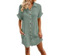 Générique Robe Chemise Femme Ete Chic Elegant Tunique Robe Manches Courtes Ample Casuel Couleur Unie Robes avec Boutons col V Robes de Plage Grandes Tailles Dress pour FêTe Vacances