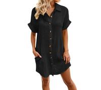 Générique Robe Chemise Femme Ete Chic Elegant Tunique Robe Manches Courtes Ample Casuel Couleur Unie Robes avec Boutons col V Robes de Plage Grandes Tailles Dress pour FêTe Vacances