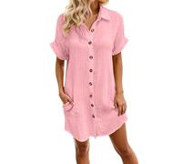 Générique Robe Chemise Femme Ete Chic Elegant Tunique Robe Manches Courtes Ample Casuel Couleur Unie Robes avec Boutons col V Robes de Plage Grandes Tailles Dress pour FêTe Vacances