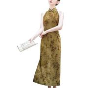 Générique Robe Cheongsam Longue À Col Halter Fleuri pour Femme sans Manches Coupe Ajustée Longueur Cheville Fente Latérale Style Traditionnel Chinois Vert Mousse Vintage Taille XL