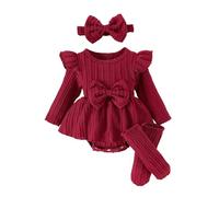 Générique Robe Chic Et Elegant Enfant,Combinaison-Robe d'hiver en Maille avec NœUd Papillon Bonnet Et Chaussettes pour Nouveau-Né Fille IdéAle pour Une SéAnce Photo Ou Une FêTe De Fin D'AnnéE (6M)