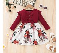 Générique Robe Chic Et Elegant Enfant Fille,Dress Toddler Froffed Splice Party Bow Floral Baby Girls Ribbed Kids Girls Dress & Skirt (Red 4-5Y)