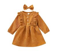 Générique Robe Chic Et Elegante,Robe-Salopette en Velours CôTelé à Manches Longues Et Bandeau Assorti pour BéBé Fille Tenue à Volants avec Boutons-Pression IdéAle pour Les FêTes (Yellow 18-24 Months)