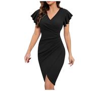Générique Robe Cocktail Femme Élégante Col V Manches Volants Portefeuille Plissé Serré Travail Sortie (Black, M)