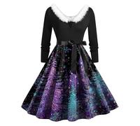 Générique Robe Cocktail Noël Femme Glamour Col en V Velours Épaule Style Années 50 Imprimé Vintage Coupe Évasée Robe pour Gala Festif Hiver Rétro Costume