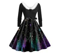 Générique Robe Cocktail Noël Femme Glamour Col en V Velours Épaule Style Années 50 Imprimé Vintage Coupe Évasée Robe pour Gala Festif Hiver Rétro Costume