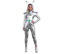 Générique Robe Cosplay Astronaute Alien pour Femme Costume Science-Fiction Spatial Argenté et Brillant Déguisement Futuriste pour Convention, Halloween, Carnaval