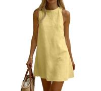 Générique Robe Coton et Lin Femme Ete Chic et Elegant Tunique Robe Mi Longue sans Manches Ample Casuel Couleur Uni Robes Col Rond Décontractée Robes De Plage Grande Taille Dress pour FêTe Vacances