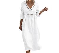 Générique Robe Coton et Lin pour Femme Été Fluide Manche 3/4 Chic et Elegant Robes Col V Décontractée Grande Taille Robes Couleur Unie Respirant D'été Boheme de Plage Vacances Maxi Dress