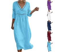 Générique Robe Coton Femme Été Fluide Manche 3/4 Chic et Elegant Robes Col en V Décontractée Grandes Tailles Robes Couleur Unie Respirant D'été Boheme de Plage et Vacances Maxi Dress