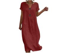 Générique Robe Coton Lin pour Femme Elegant Robes Manche Courtes Col V DéContractéE Grande Taillea Robes Couleur Unie Respirant D'éTéBoheme De Plage Vacances Dress (XXL)