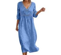 Générique Robe Coton Lin pour Femme Été Fluide Manche 7/8 Chic et Elegant Robes Col V Décontractée Grande Taille Robes Couleur Unie Respirant D'été Boheme de Plage Vacances Maxi Dress