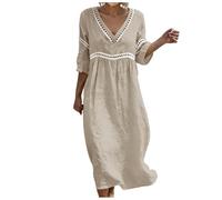 Générique Robe Coton Lin pour Femme Été Fluide Manche 7/8 Chic et Elegant Robes Col V Décontractée Grande Taille Robes Couleur Unie Respirant D'été Boheme de Plage Vacances Maxi Dress 2026
