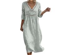 Générique Robe Coton Lin pour Femme Été Fluide Manche 7/8 Chic et Elegant Robes Col V Décontractée Grande Taille Robes Couleur Unie Respirant Légère D'été Boheme de Plage Vacances Maxi Dress