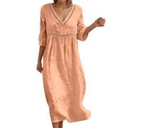 Générique Robe Coton Lin pour Femme Été Fluide Manche 7/8 Chic et Elegant Robes Col V Décontractée Grande Taille Robes Couleur Unie Respirant D'été Boheme de Plage Vacances Maxi Dress