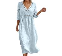 Générique Robe Coton Lin pour Femme Été Fluide Manche 7/8 Et sans Manches Chic Elegant Robes Col V Décontractée Robes Couleur Unie Respirant D'été Boheme De Plage Vacances Maxi Respirant Dress