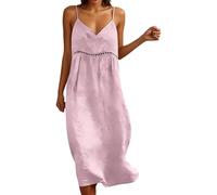 Générique Robe Coton Lin pour Femme Été Fluide Manche 7/8 Et sans Manches Chic Elegant Robes Col V Décontractée Robes Couleur Unie Respirant D'été Boheme De Plage Vacances Maxi Respirant Dress