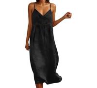 Générique Robe Coton Lin pour Femme Été Fluide Manche 7/8 Et sans Manches Chic Elegant Robes Col V Décontractée Robes Couleur Unie Respirant D'été Boheme De Plage Vacances Maxi Respirant Dress