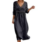 Générique Robe Coton Lin pour Femme Été Fluide Manche 7/8 Et sans Manches Chic Elegant Robes Col V Décontractée Robes Couleur Unie Respirant D'été Boheme De Plage Vacances Maxi Respirant Dress