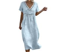 Générique Robe Coton Lin pour Femme Été Fluide Manche Courte Chic et Elegant Robes Col V Décontractée Grande Taille Robes Couleur Unie Respirant D'été Boheme de Plage Vacances Maxi Dress