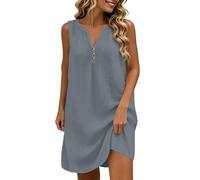 Générique Robe Coton Lin,Robe D'Été Courte en Lin Coton Femme sans Manches Robes Décontractée Lâche Col V avec Boutons Robes De Plage Doux Chic Et Élégant Ample Léger Respirant Gris XXL