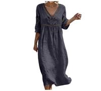 Générique Robe Coton Robe Lin pour Femme Été Fluide Manche 7/8 Chic et Elegant Robes Col V Décontractée Grande Taille Robes Couleur Unie Respirant D'été Boheme de Plage Vacances Maxi Dress