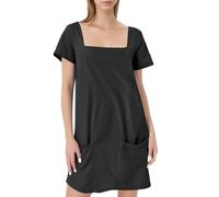 Générique Robe Courte décontractée d'été pour Femmes avec Manches Courtes col carré et Poches intégrées Tissu Respirant Confortable Parfaite Tenue Quotidienne (Black, M)