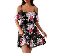 Générique Robe Courte Femme Elegante Bohemienne Imprimee Fleur Cold Shoulder Manches Courtes Volant A Ligne Tenue Douce et Romantique(B-Black, XL)