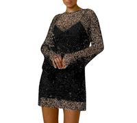 Générique Robe Courte Sequins Maille Transparente De Cérémonie Femme Été Slim Fit Elegante Longue Fluide Taille Haute Bureau Quotidien Vacances Fête Robe De Soirée De Plage (Black, L)