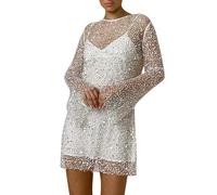 Générique Robe Courte Sequins Maille Transparente De Cérémonie Femme Été Slim Fit Elegante Longue Fluide Taille Haute Bureau Quotidien Vacances Fête Robe De Soirée De Plage (White, L)