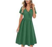 Générique Robe D’Été Manches Courtes Cintrée Col V Midi Unie À Pois pour Fête Et Mariage