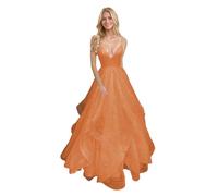 Générique Robe De Bal en Tulle à éPaules DéNudéEs pour Femme Robe De SoiréE Longue Et éLéGante à Col en V Et Paillettes Orange 5XL