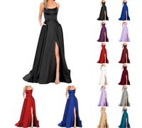 Générique Robe De Bal Longue Femme en Satin Dos Nu Élégante - Criss-Cross en Satin - Robe De Fin D'études Chic Sexy - Robe dorée Noir De Soirée avec Poches pour Bal,Mariage,Cocktail