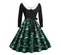 Générique Robe de Fête Hiver Femme Vintage Robes Col Velours Épaule Style Années 70 Imprimé Élégant Coupe Évasée pour Soirées Cocktail Noël Cérémonie Robe Mere Pull Noel