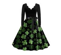 Générique Robe de la Saint Patrick pour Femme: Robe Vintage Grande Taille pour la Saint-Patrick pour Les Festivals Style Col V Imprimé Trèfle à Quatre Feuilles pour Femme Robe De Bal Rockabilly